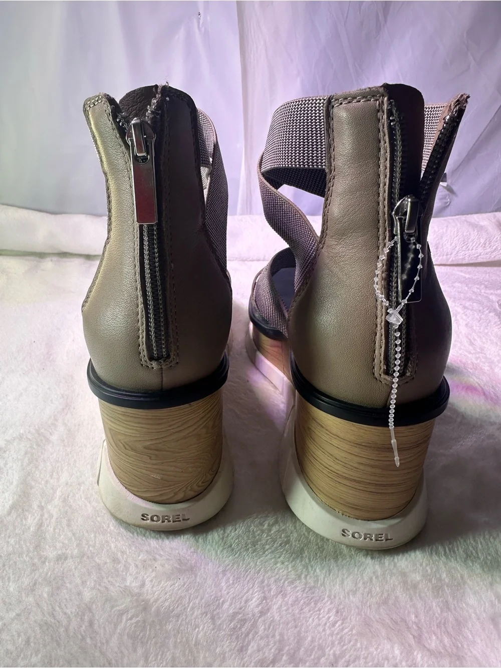 Sorel Tan and Gray Crisscross Wedge Sandal